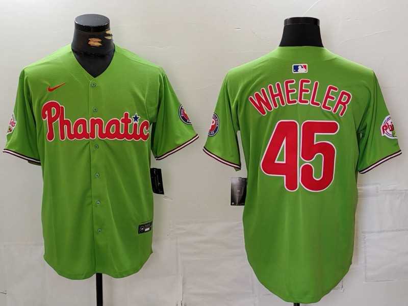 Mens Philadelphia Phillies #45 Zack Wheeler Green With Patch Stitched Cool Base Nike Jersey